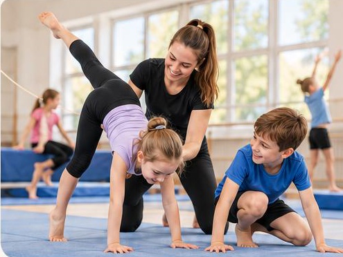Kinder und Trainerin bei der Sportakrobatik und Bewegung