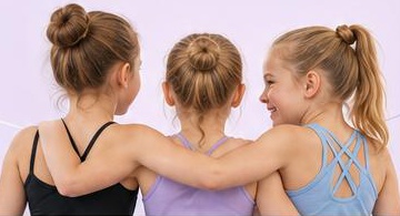Drei Sportakrobatinnen halten zusammen