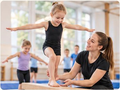 Kind bei der Gleichgewichtsübung mit Trainer in Düsseldorf